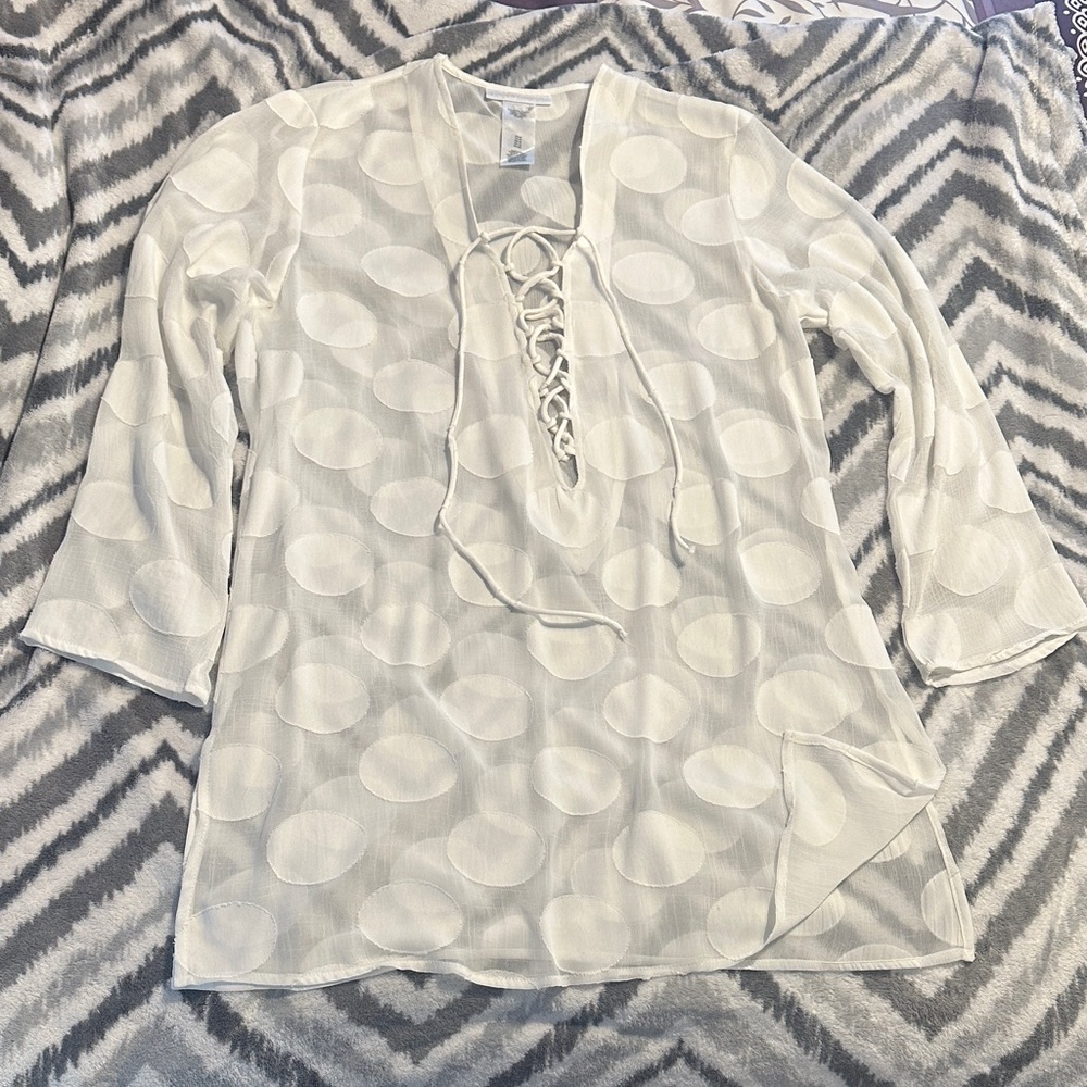 La Blanca Cream Lace-Up Polka Dot Tunic